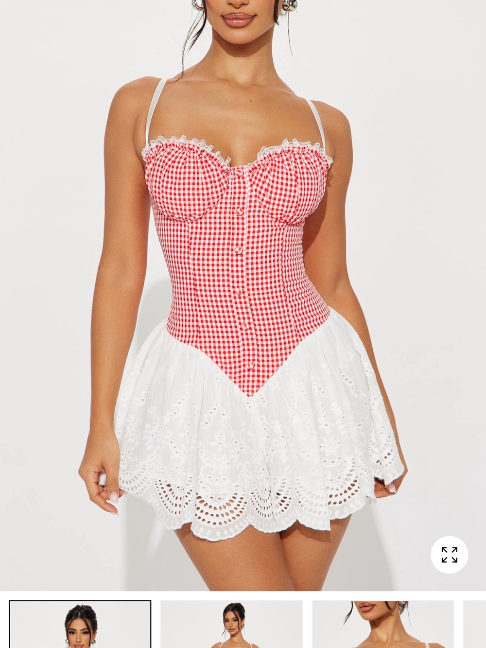 Fashion Nova Red Gingham & White Eyelet One Piece Bodysuit Dress